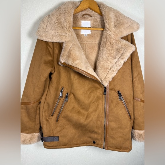 Steve Madden Women’s Faux Shearling Fur Bomber Jacket In Cognac Size Small - Picture 6 of 12